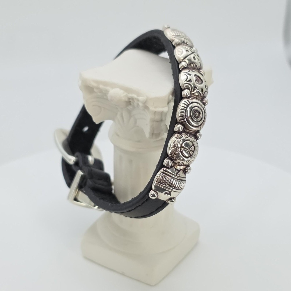 BRIGHTON 'Harmony Bandit' Bracelet Peace Heart Black Leather Silver‎ Plate 7"